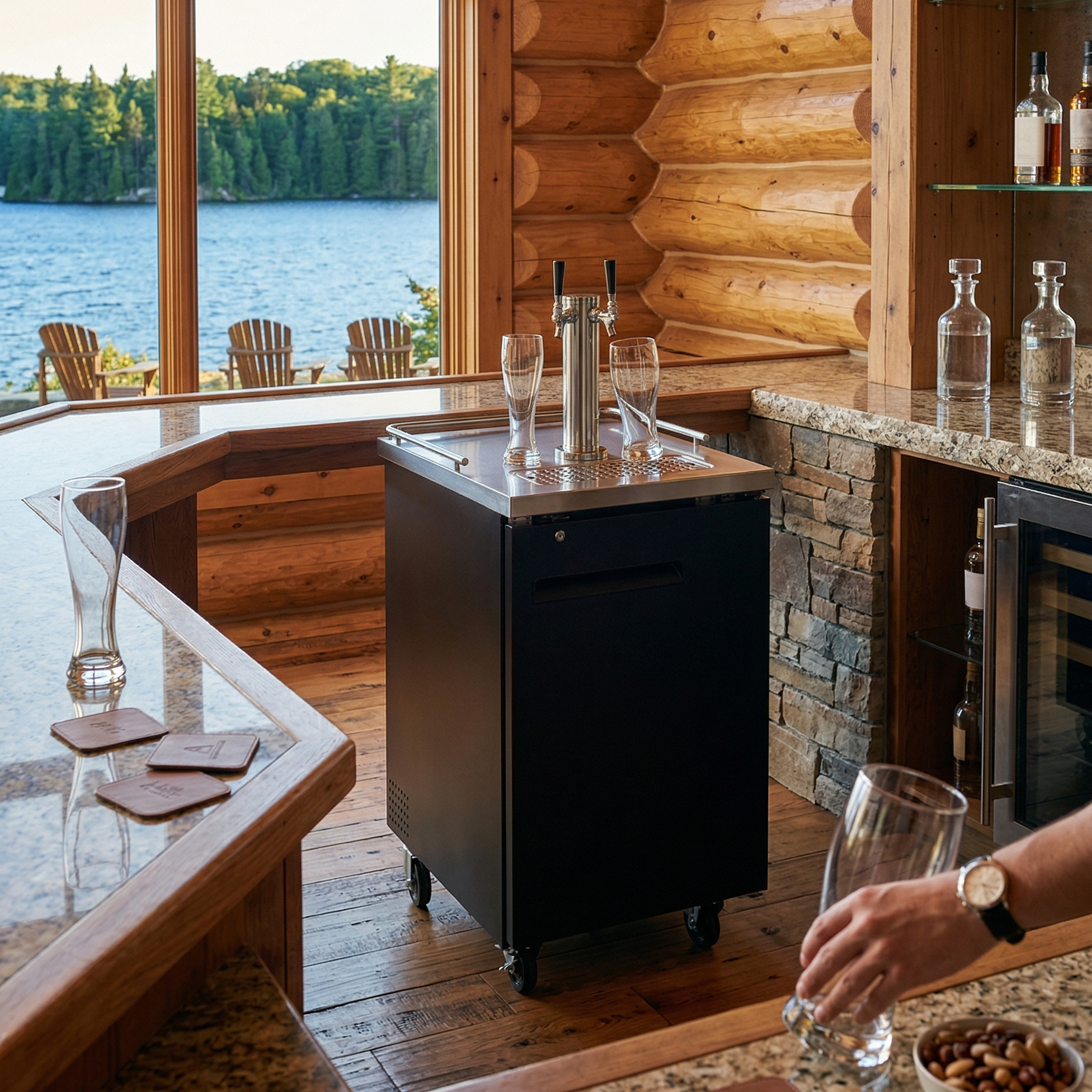 Modern kitchen bar area with a view of a lake, featuring a draft beer dispenser and granite countertops.