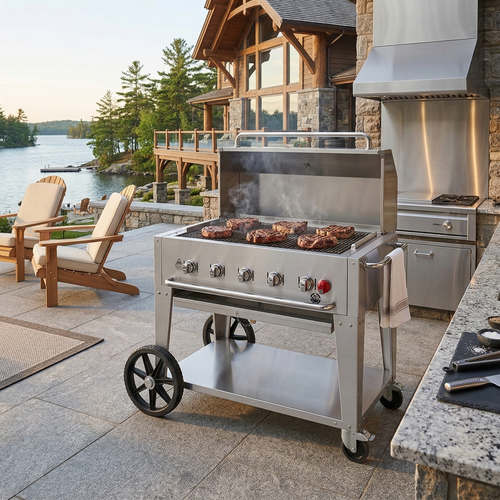 Outdoor kitchen with grill and patio furniture by a waterfront.