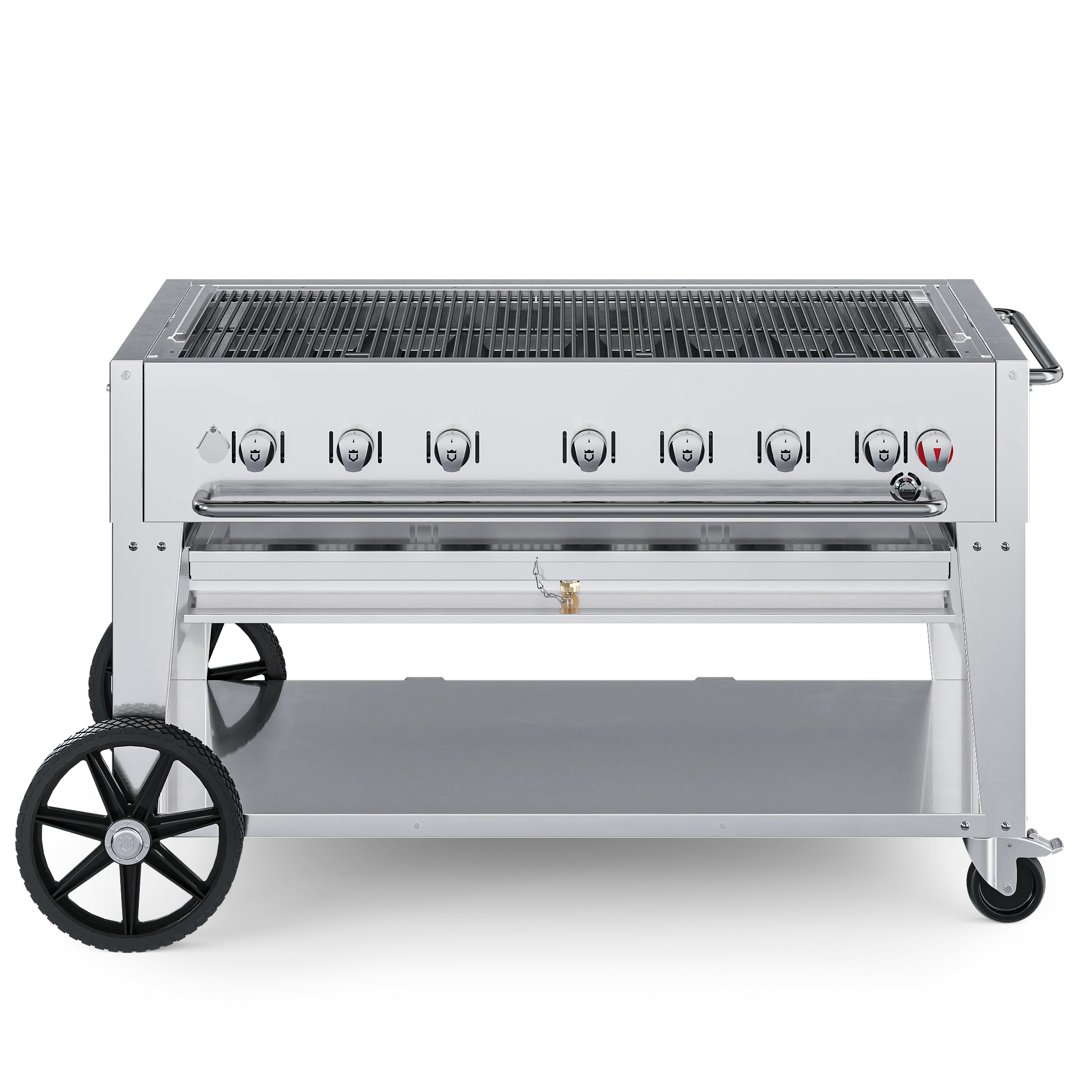 Stainless steel barbecue grill on wheels with control knobs on a white background