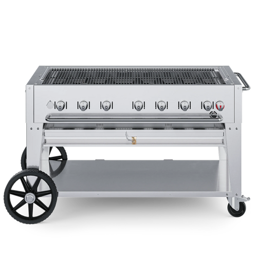 Stainless steel barbecue grill on wheels with control knobs on a white background