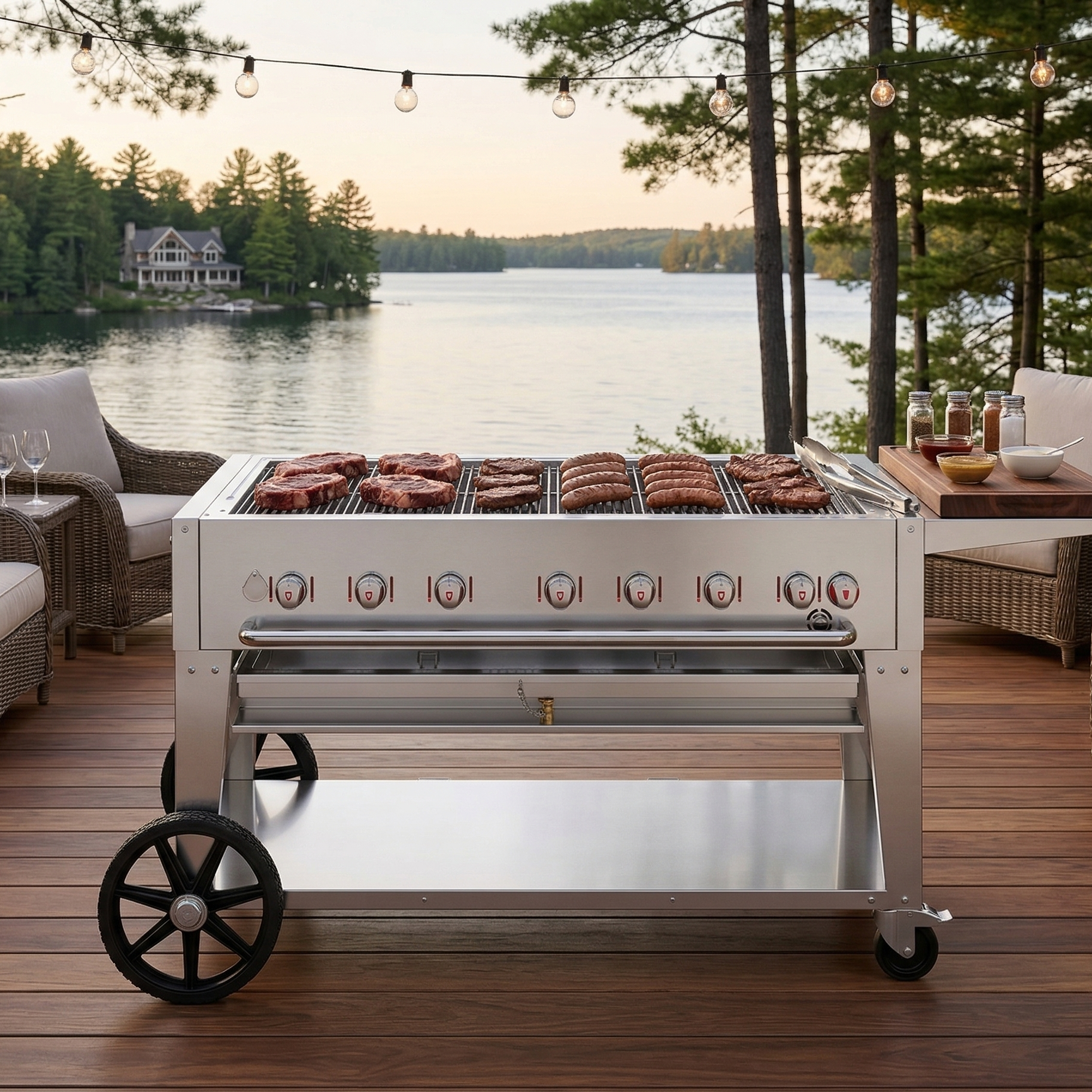Outdoor grill on a wooden deck with a lake and trees in the background