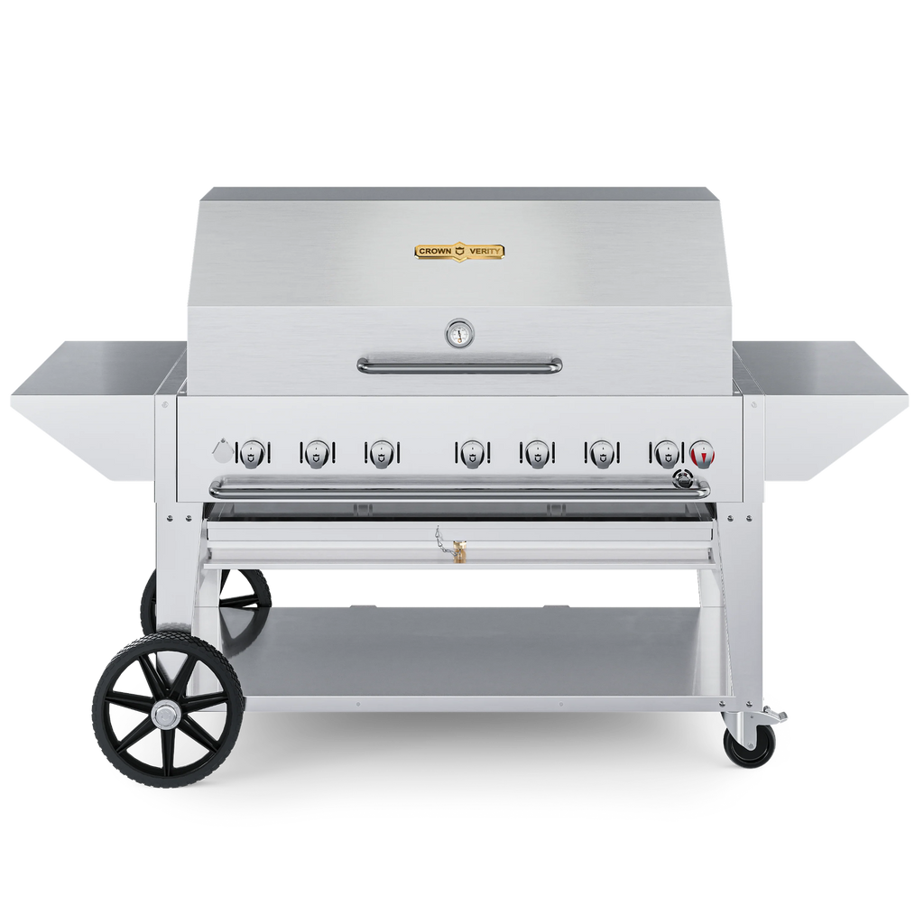 Stainless steel grill with visible brand logo on a white background