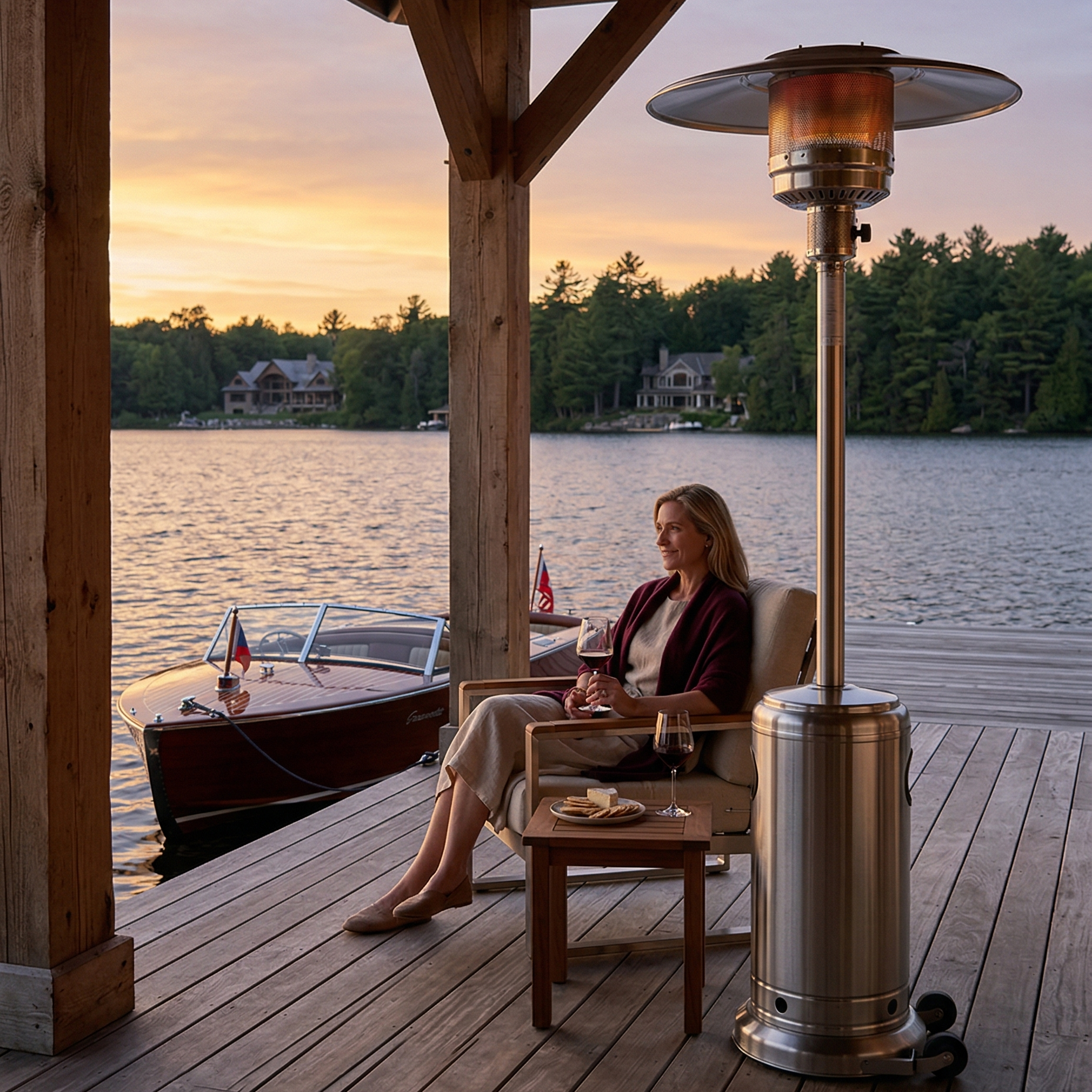 Woman sitting on a dock by a lake with a sunset view, using a patio heater.