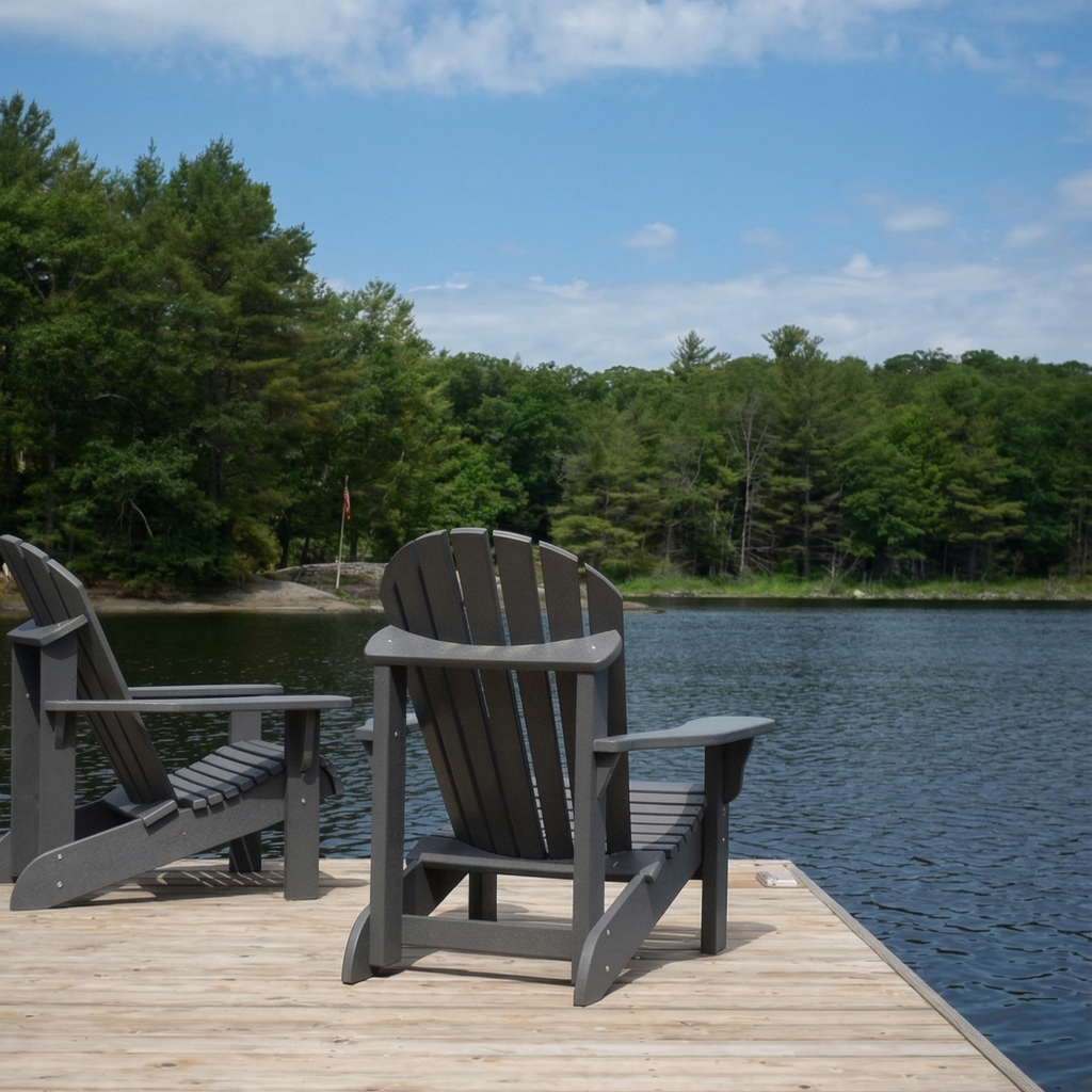 Two wooden Adirondack chairs on a dock by a lake with trees in the background.
